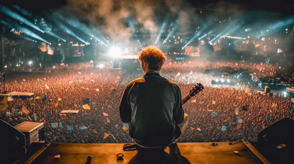 Ed Sheeran, sitting on top of a point high above a crowd, watching and soaking in the atmosphere before going onstage to perfrom