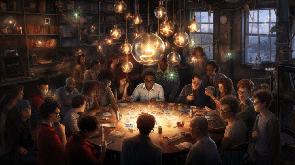 A hyper realistic sci fi inspired photograph showcasing a lively and diverse gathering of individuals all contributing to a central, glowing idea represented by a light bulb or spark. In the midst of the group, interactions suggest collaboration and exchange of ideas.
