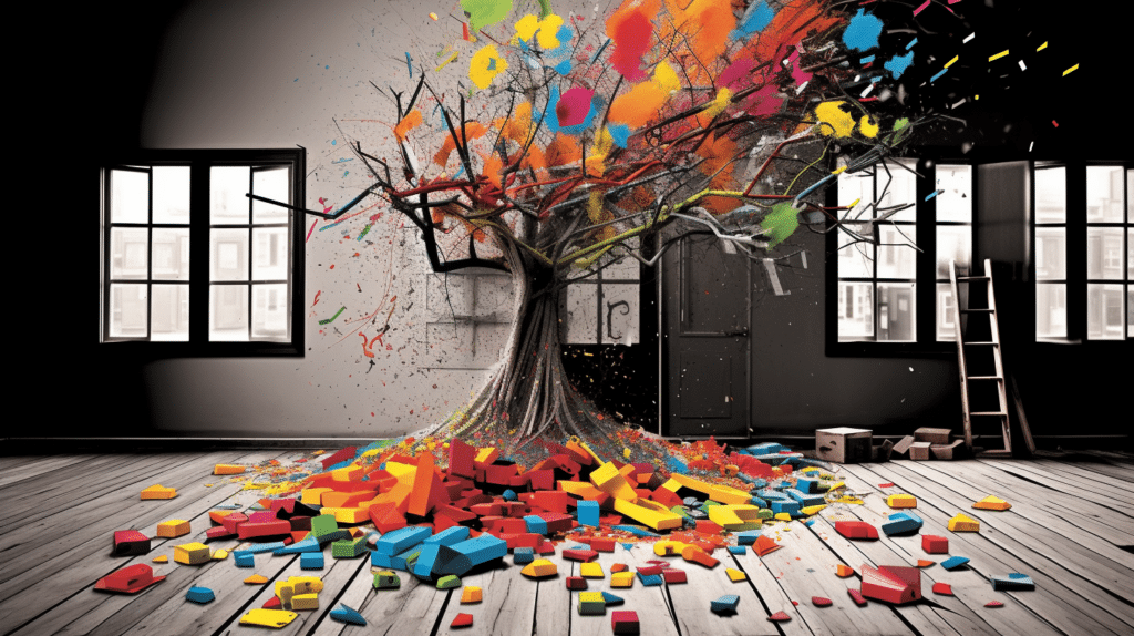 An impactful visual encapsulating Sir Ken Robinson's TED Talk. Picture a drab, grayscale classroom being broken apart by a vibrant tree of creativity. The branches represent various forms of intelligence and creativity each bearing fruit of unique ideas.