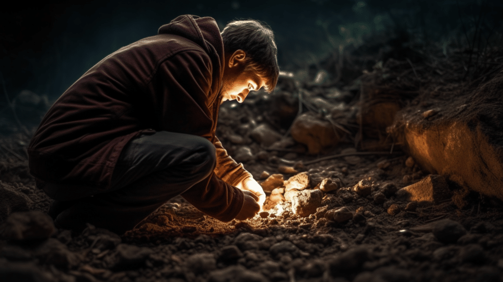 Picture of a person kneeling on the ground, diligently digging into the dirt and finding a brightly glowing gem, symbolising each person's inherent creativity. The overall palette is vibrant and hopeful which reinforces the positive message of the article.