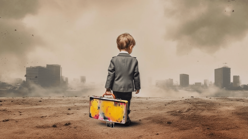 A young child dressed in a suit and tie, carrying a briefcase overflowing with creative items like paint brushes and stickers, looking at their working life ahead of them and sad.
